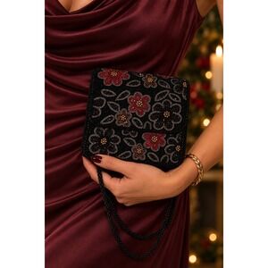 76. Vintage Lord & Taylor Beaded Floral Black Holiday Evening Bag Crossbody Y2K